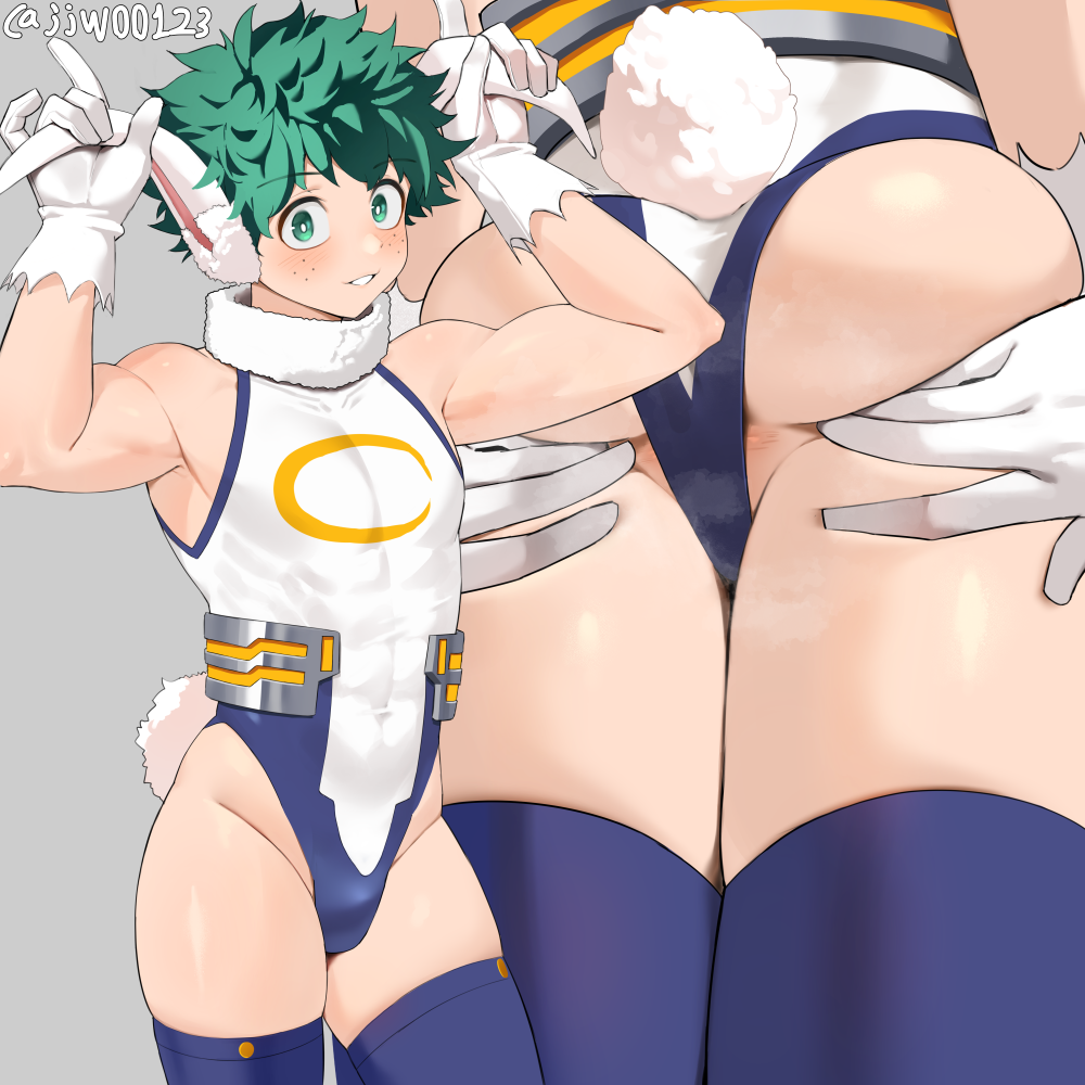 1boy animal_ears anus anus_peek arms_up artist_name ass ass_focus blush boku_no_hero_academia bright_pupils bulge cosplay covered_navel fake_tail freckles g1_(jjw00123) gloves grabbing_own_ass green_eyes green_hair highleg highleg_leotard holding_own_ears leotard male_focus midoriya_izuku mirko mirko_(cosplay) multiple_views parted_lips rabbit_ears rabbit_tail skindentation standing tail thighhighs twitter_username upper_body white_gloves white_leotard white_pupils