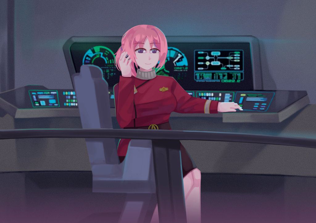 1girl cosplay crossover hiiragi_kururu looking_at_viewer mankitsu_happening orange_hair purple_eyes simple_illust star_trek star_trek:_the_wrath_of_khan