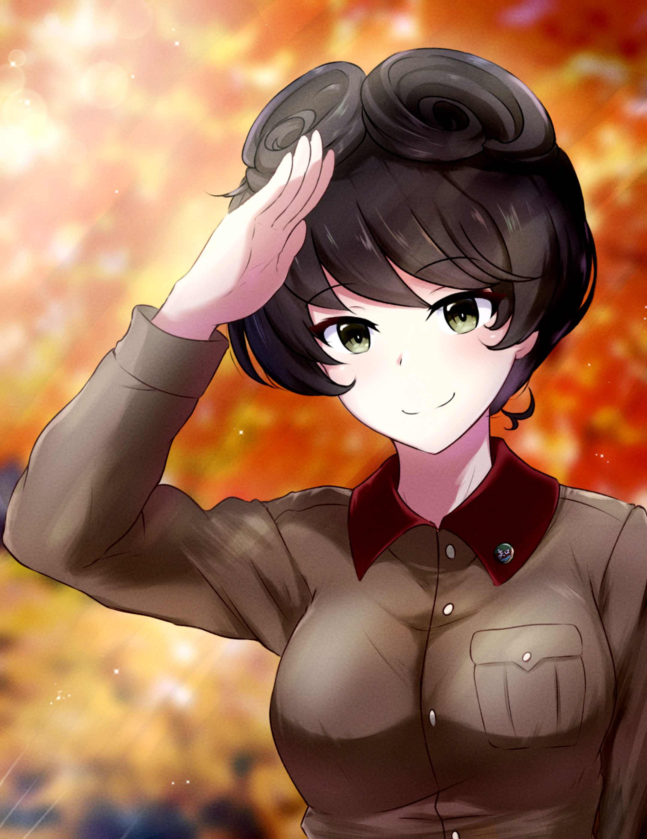 1girl absurdres amogan brown_hair brown_jacket chi-hatan_military_uniform commentary commission girls_und_panzer green_eyes hair_rings highres hosomi_shizuko jacket long_sleeves pixiv_commission salute short_hair smile solo upper_body
