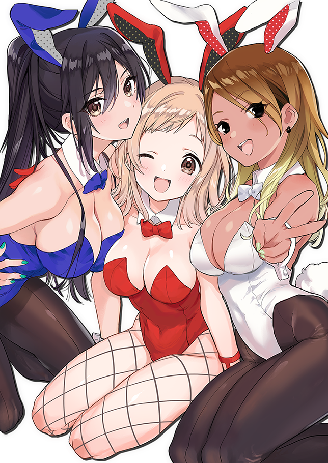 3girls :d ;d animal_ears black_eyes black_hair black_legwear blue_bow blue_leotard blue_neckwear bow bowtie brown_eyes brown_hair commentary_request dark-skinned_female dark_skin detached_collar fake_animal_ears fishnet_legwear fishnets girl_sandwich high_ponytail idolmaster idolmaster_shiny_colors izumi_mei leotard light_brown_hair long_hair looking_at_viewer multiple_girls one_eye_closed open_mouth pantyhose photoshop_(medium) playboy_bunny ponytail rabbit_ears rabbit_tail red_bow red_leotard red_neckwear sakuragi_mano sandwiched shirase_sakuya simple_background smile strapless strapless_leotard tail white_background white_bow white_leotard white_neckwear wrist_cuffs yellow_eyes zooya