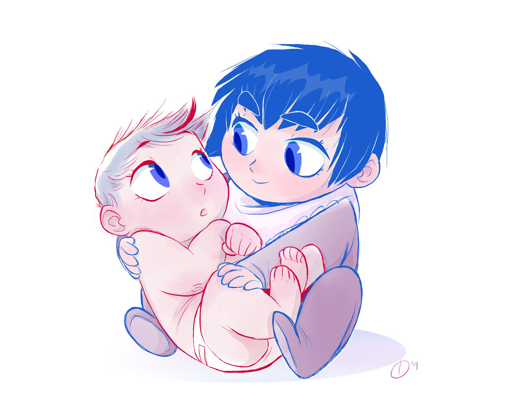 2girls baby bib blue_eyes blue_hair child curious diaper footed_pajamas graystripe64 image_sample kill_la_kill kiryuuin_satsuki matoi_ryuuko multicolored_hair multiple_girls pajamas parody siblings sisters slight_age_difference smile spoilers streaked_hair style_parody alternate_universe aged_down