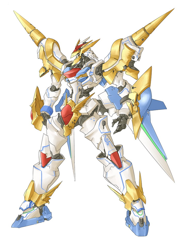 amiba_(nerdamiba) armor banpresto beak breastplate helmet machinery mecha no_humans robot rushbird shoulder_pads shoulder_spikes simple_background spikes standing super_robot_wars super_robot_wars_l white_background
