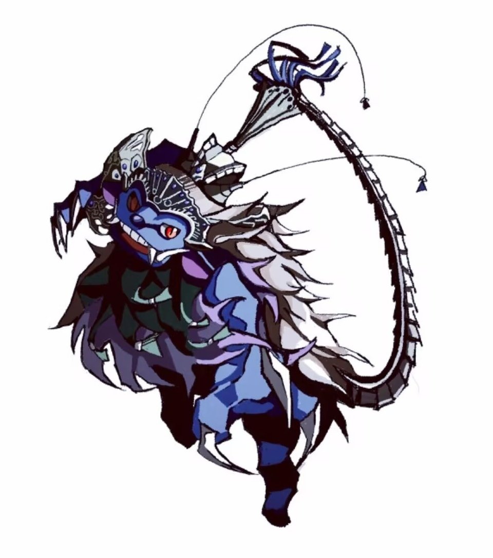 barong_(megami_tensei) blue_skin claws colored_skin commentary crown demon_(megami_tensei) devil_summoner:_soul_hackers devil_summoner_(series) english_commentary fangs orange_eyes sharp_teeth simple_background soccerobsidian solo tail teeth white_background