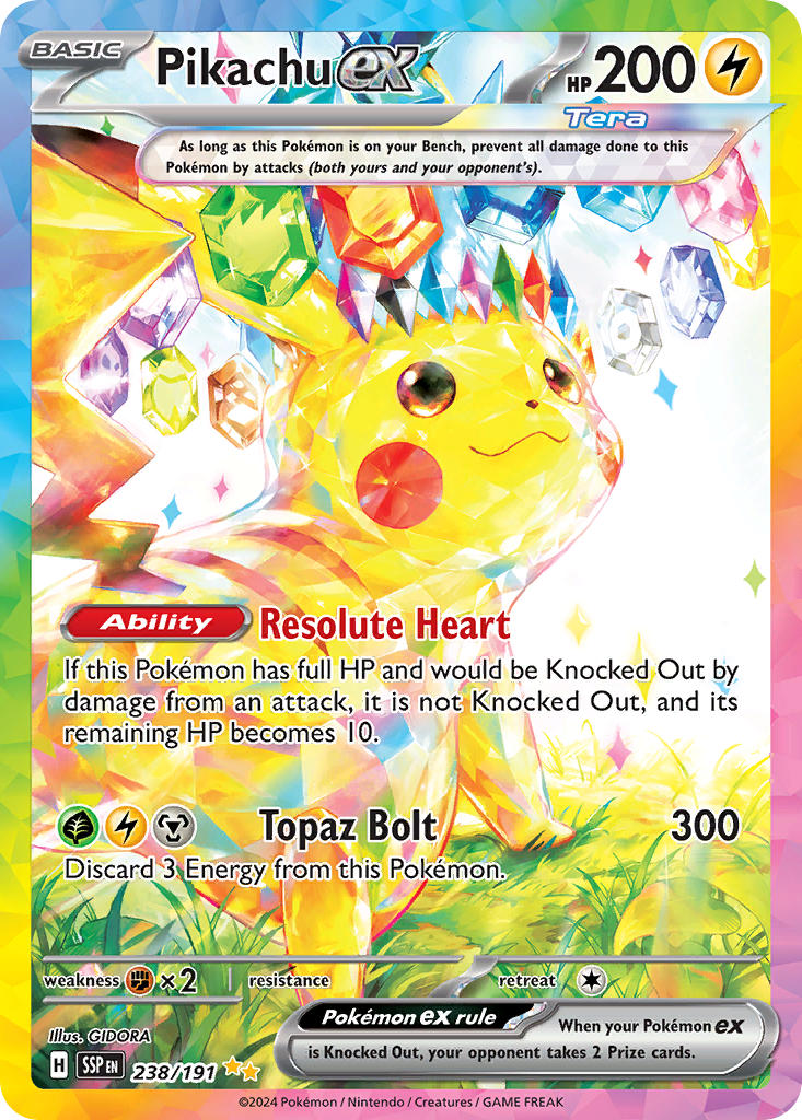 :3 animal_focus artist_name card_(medium) character_name company_name copyright_name copyright_notice covering_own_mouth english_text gem gen_1_pokemon grass king_gidora looking_back nintendo no_humans official_art pikachu pokemon pokemon_(creature) pokemon_card pokemon_focus pokemon_tcg smile solo sparkle terastallization third-party_source trading_card