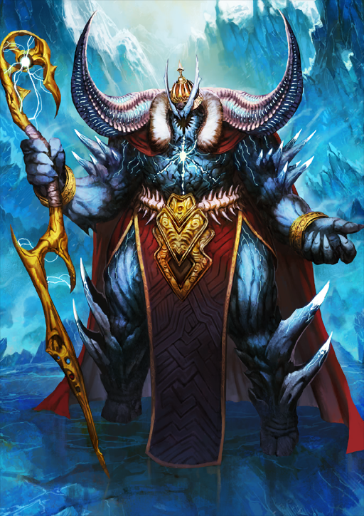 1boy bangle blue_background blue_skin bracelet cape claws colored_skin crown dannoura_yuuki fate/grand_order fate_(series) front_slit full_body fur-trimmed_cape fur_trim hands_up holding holding_staff ivan_the_terrible_(fate) jewelry legs_apart lightning male_focus monster_boy official_art pelvic_curtain red_cape solo spikes staff standing third-party_source variant_set