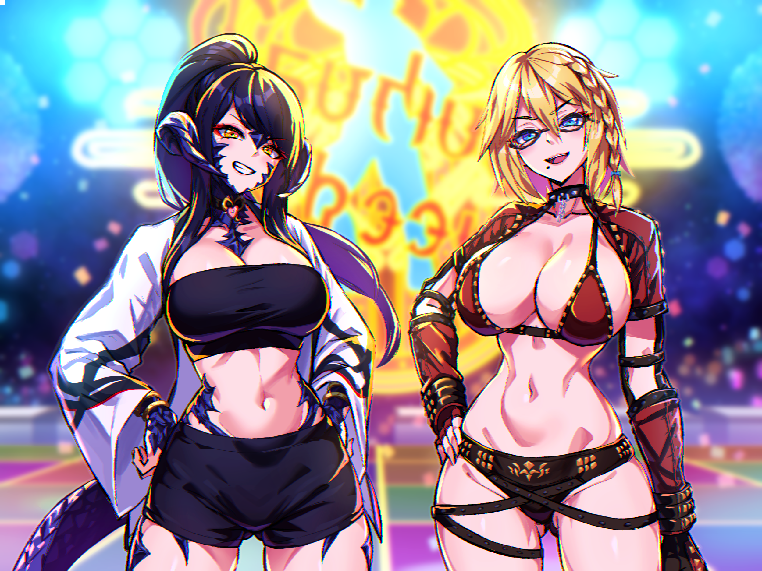 2girls au_ra black_collar black_hair black_shirt black_shorts blonde_hair blue_eyes blurry blurry_background blush bra braid breasts brown_eyes cleavage collar commission crop_top depth_of_field dragon_horns dragon_tail eyebrows_hidden_by_hair final_fantasy final_fantasy_xiv gluteal_fold hair_between_eyes hands_on_own_hips highres horns jacket large_breasts lips looking_at_viewer mole mole_under_mouth multiple_girls navel open_mouth ponytail red_bra samael_(5211) sapphira_nyx scales shirt shorts shrug_(clothing) skeb_commission smile stomach tail underwear warrior_of_light_(ff14) white_jacket