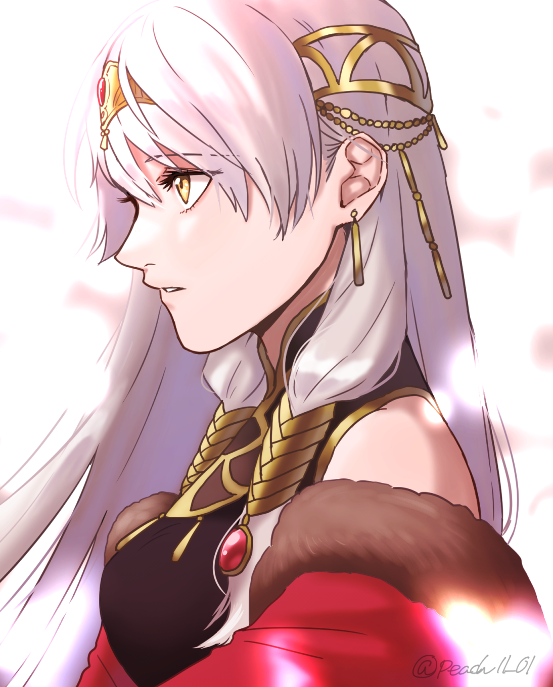 1girl black_dress cape dress earrings fire_emblem fire_emblem:_radiant_dawn fire_emblem_cipher fire_emblem_heroes from_side half_updo highres jewelry light_particles long_hair micaiah_(fire_emblem) micaiah_(radiant_queen)_(fire_emblem) nintendo parted_lips profile red_cape shamu_(peach11_01) sleeveless sleeveless_dress solo tiara twitter_username upper_body yellow_eyes