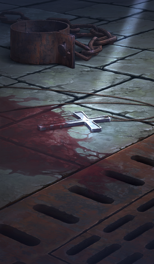 ambiguous_red_liquid chain commentary cross cross_necklace cuffs fate/grand_order fate_(series) jewelry lasengle latin_cross light_rays necklace no_humans object_focus official_art rust shackles still_life third-party_source unworn_jewelry unworn_necklace