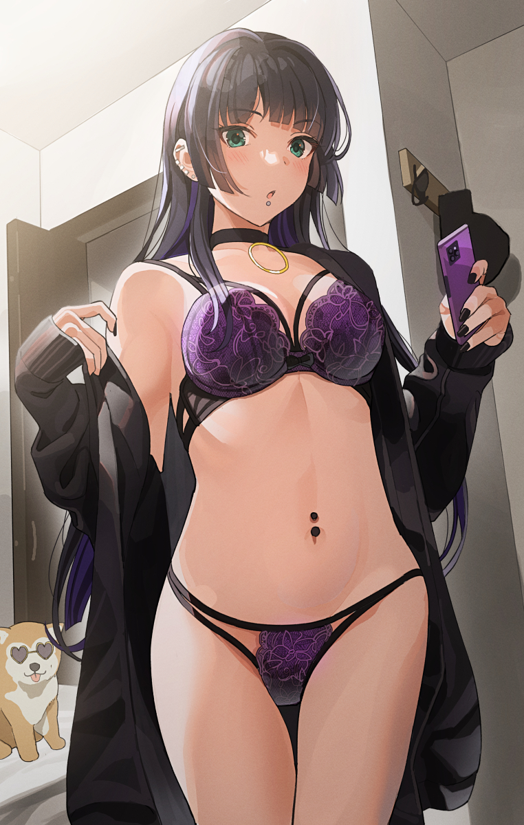 1girl black_hair black_nails blush bocchi_the_rock! bra breasts choker commentary_request dog ear_piercing face_piercing goth_fashion green_eyes highres holding holding_phone labret_piercing long_hair looking_at_viewer medium_breasts multicolored_hair navel_piercing open_clothes pa-san panties parted_lips phone piercing purple_hair solo tipii underwear