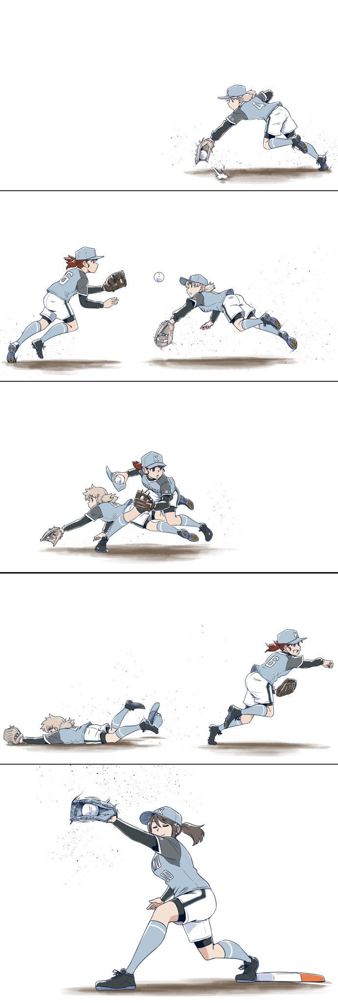 3girls alternate_costume baseball baseball_base baseball_cap baseball_glove baseball_uniform blonde_hair breasts brown_hair character_request closed_eyes comic commentary_request girls_und_panzer grey_socks hair_between_eyes hat highres kneehighs large_breasts long_hair mika_(girls_und_panzer) multiple_girls pitching satou_yasu short_twintails shorts shorts_under_shorts simple_background socks sportswear twintails white_background white_shorts