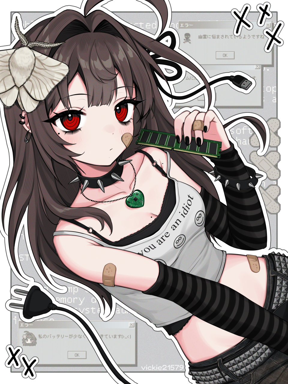 1girl animal animal_on_head bandaid bandaid_on_arm bandaid_on_cheek bandaid_on_face bandaid_on_hand bare_shoulders belt black_arm_warmers black_nails black_shirt border breasts brown_hair bug cable cable_tail choker cleavage closed_mouth collarbone cropped_shirt electric_plug electric_plug_tail error_message grey_shirt hair_intakes hand_up highres holding insect layered_shirt long_hair looking_at_viewer mechanical_tail medium_breasts midriff mole mole_under_eye moth nail_polish on_head original outline outside_border ram_(computer) red_eyes shirt sleeveless sleeveless_shirt solo spaghetti_strap spiked_choker spikes striped_arm_warmers studded_belt tail upper_body vickie_(cryingrobot) vickie_(cryingrobot)_(character) white_border white_outline window_(computing)