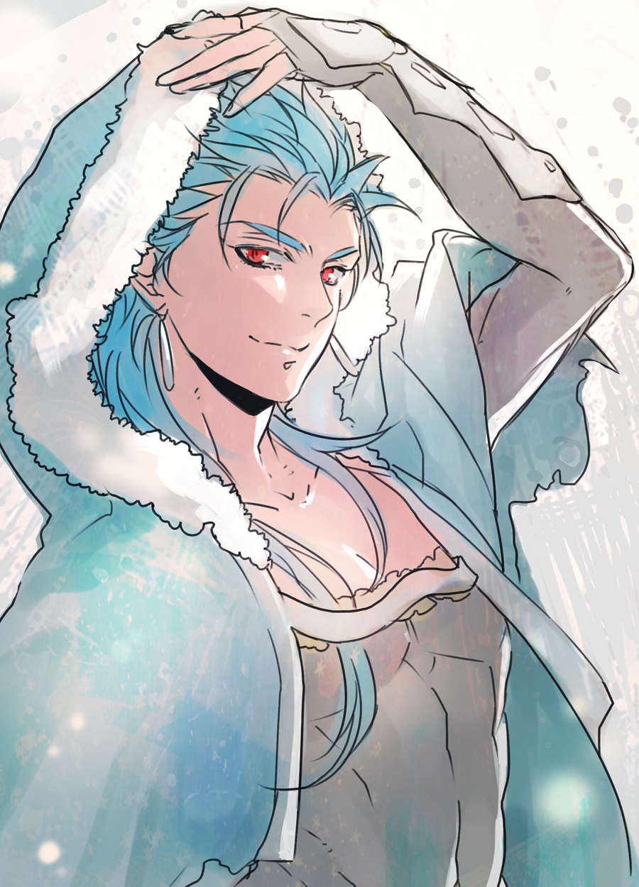 1boy arm_up blue_hair capelet closed_mouth cu_chulainn_(caster)_(fate) cu_chulainn_(fate) cu_chulainn_(fate/stay_night) earrings fate/grand_order fate_(series) fur-trimmed_hood fur_trim highres hood hood_up hooded_capelet jewelry jun_(ash) long_hair male_focus muscular red_eyes skin_tight smile solo spiked_hair type-moon vambraces