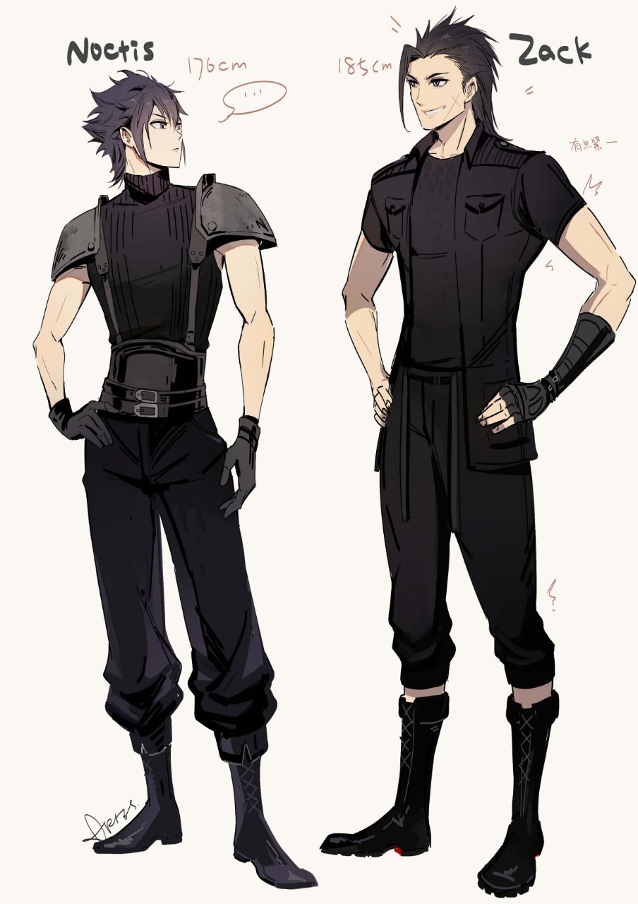 ... aries20770321 armor belt black_belt black_boots black_gloves black_hair black_jacket black_pants black_shirt black_sweater blue_eyes boots character_name cosplay costume_switch final_fantasy final_fantasy_vii final_fantasy_xv gloves grin hair_between_eyes hand_on_own_hip hands_on_own_hips height highres in-franchise_crossover jacket knee_boots looking_at_another multiple_belts noctis_lucis_caelum pants pauldrons scar scar_on_face shirt short_hair short_sleeves shoulder_armor signature simple_background sleeveless sleeveless_sweater sleeveless_turtleneck smile spiked_hair suspenders sweater t-shirt tight_clothes toned toned_male translation_request turtleneck turtleneck_sweater yellow_background zack_fair