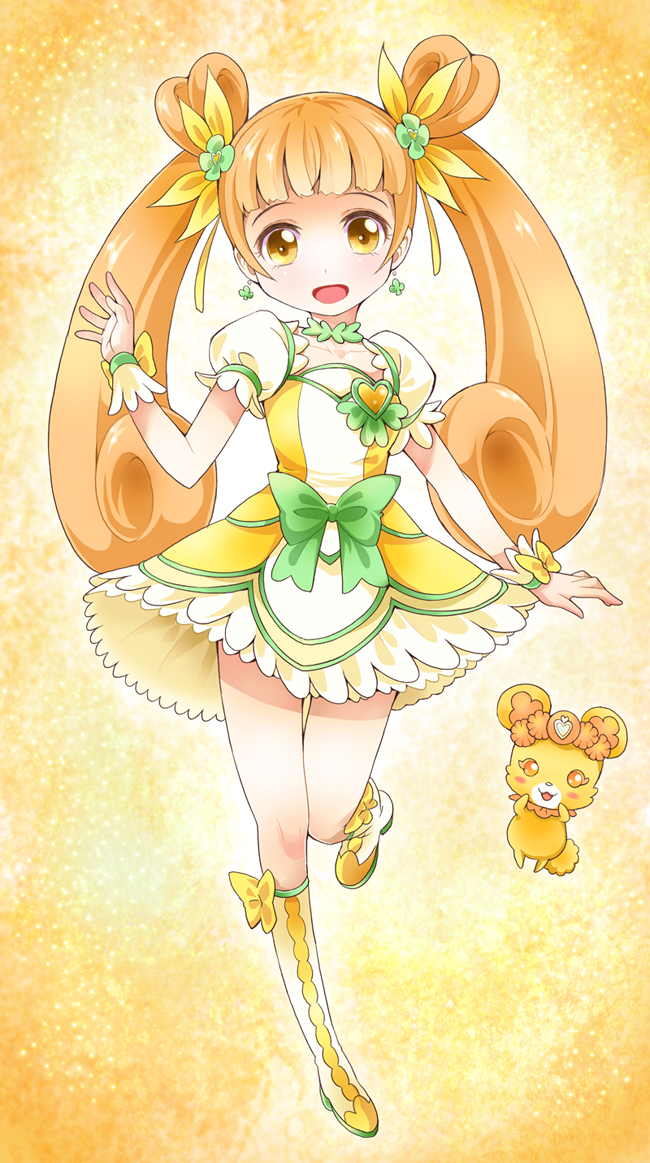 1girl bad_id bad_pixiv_id boots bow brooch brown_hair choker creature cure_rosetta curly_hair dokidoki!_precure double_bun earrings flower full_body hair_bun hair_flower hair_ornament hair_ribbon heart heart_brooch jewelry knee_boots long_hair magical_girl orange_background precure rance_(dokidoki!_precure) ratryu ribbon skirt smile twintails waist_bow wrist_cuffs yellow_eyes yotsuba_alice