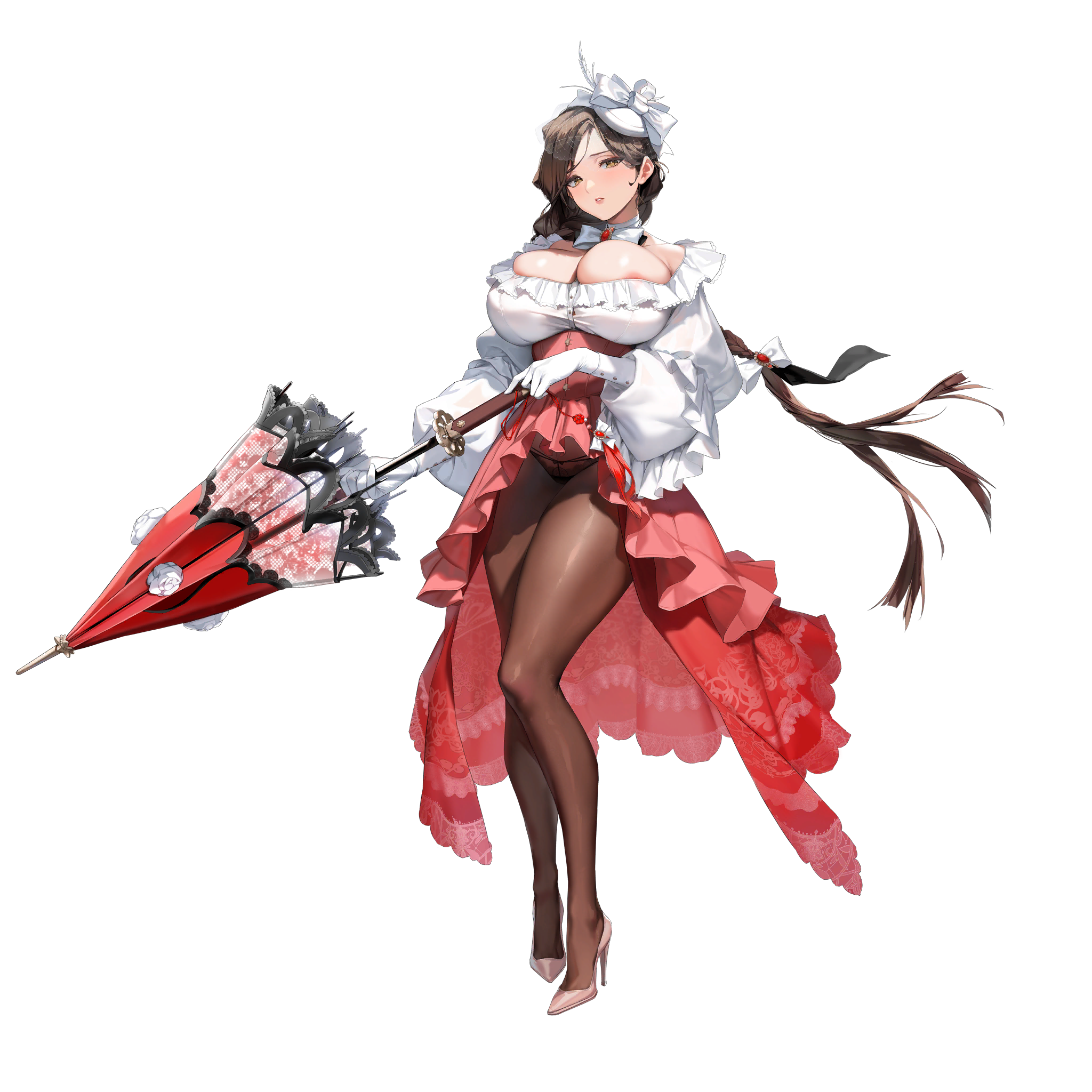1girl areola_slip armpit_crease black_panties braid breasts brown_hair brown_pantyhose bursting_breasts cleavage collar collarbone corset dress feather_hair_ornament feathers flower frilled_dress frills game_cg gem gloves hair_ornament hair_ribbon hat_feather high-low_dress high_heels highres holding holding_umbrella huge_breasts jewelry keumran_(last_origin) lace lace-trimmed_umbrella lace_panties lace_skirt last_origin layered_skirt long_skirt looking_at_viewer micro_panties neck_ribbon necklace official_alternate_costume official_art panties pantyhose parted_lips pink_shoes pinkmill puffy_sleeves red_corset red_gemstone red_skirt red_umbrella ribbon ribbon-trimmed_panties ribbon_trim rose shoes showgirl_skirt simple_background single_braid skindentation skirt solo standing string_panties tachi-e thick_thighs thighs transparent_background umbrella umbrella_flower underwear veil white_collar white_dress white_feathers white_flower white_gloves white_headwear white_ribbon white_rose yellow_eyes