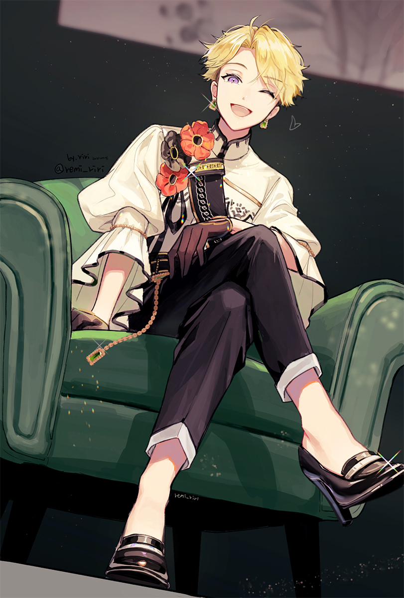 1boy ;d bell_sleeves belt_chain bishounen black_footwear black_gloves black_pants couch crossed_legs curtained_hair diffraction_spikes dress_shoes earrings ensemble_stars! from_below full_body girly_boy gloves happy highres jewelry kitten_heels long_sleeves looking_at_viewer male_focus mandarin_collar narukami_arashi on_couch one_eye_closed open_mouth pants purple_eyes riri_(artist) shirt short_hair side_part sitting smile solo white_shirt