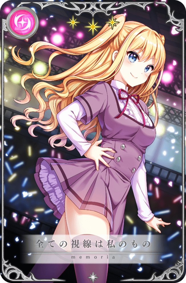 1girl ami_ria artist_request blonde_hair blue_eyes breasts buttons card_(medium) center_frills closed_mouth collared_shirt cowboy_shot dress frills game_cg glowstick hand_on_own_hip high_collar large_breasts layered_sleeves long_hair long_sleeves magia_record:_mahou_shoujo_madoka_magica_gaiden mahou_shoujo_madoka_magica mizuna_girls&#039;_academy_school_uniform neck_ribbon night official_art outdoors penlight_(glowstick) petticoat picture_frame pleated_dress purple_dress purple_thighhighs red_ribbon ribbon school_uniform shirt short_dress short_over_long_sleeves short_sleeves smile solo stage star_(symbol) thighhighs translated two_side_up very_long_hair walking wavy_hair white_shirt