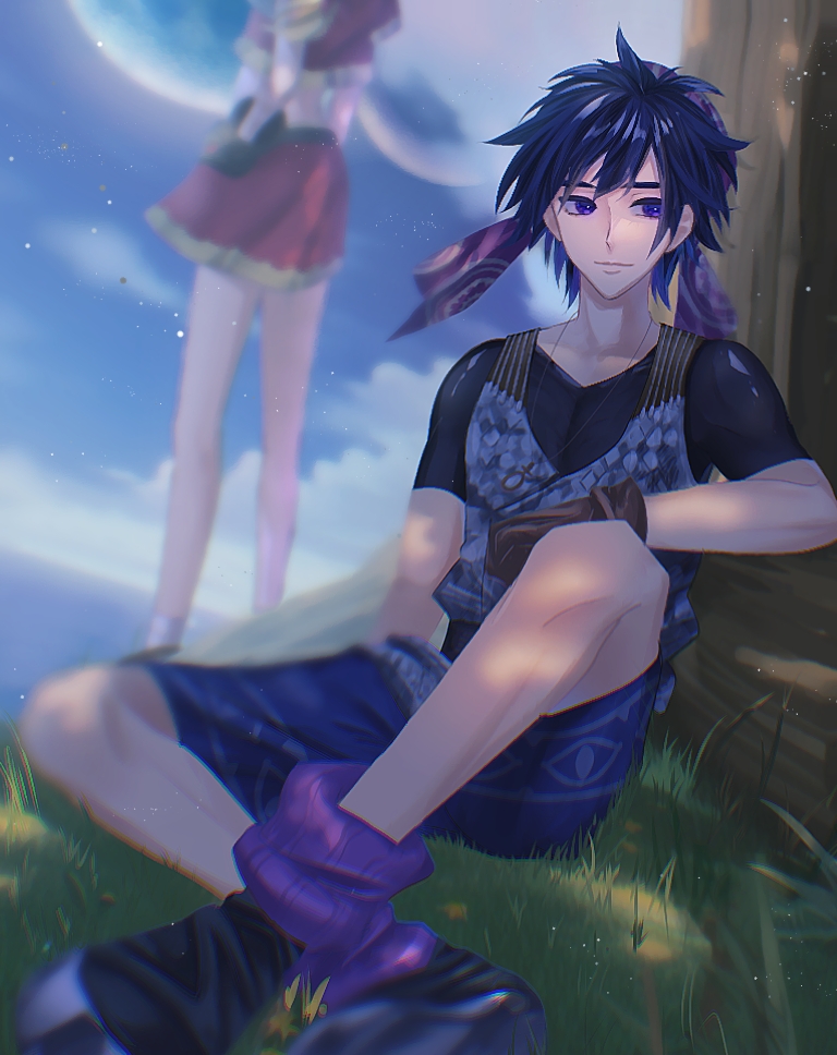 1boy 1girl bandana black_footwear black_shirt blue_eyes blue_hair blue_shorts brown_gloves chrono_cross closed_mouth commentary_request gloves grass hand_on_own_hip jacket jewelry kid_(chrono_cross) looking_at_viewer midriff necklace outdoors purple_socks red_jacket red_skirt serge_(chrono_cross) shirt shoes short_hair short_sleeves shorts sitting skirt socks teruha_kurumi tree
