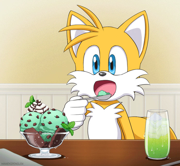 animated animated_gif blonde_hair blue_eyes blush child chocolate drink eating food fox furry ice_cream indoors maneki_penguin mint mint_chocolate_chip multiple_tails restaurant sega sonic_(series) tail tails_(sonic) two_tails yellow_fur