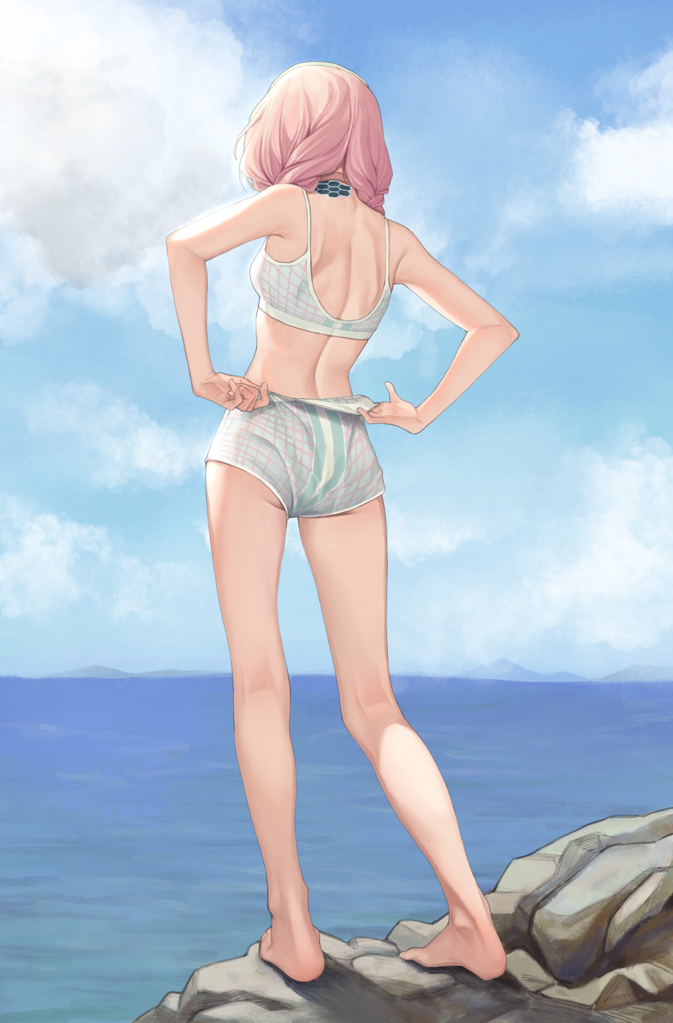 1girl arknights ass bare_arms bare_legs bare_shoulders barefoot blue_poison_(arknights) blue_poison_(shoal_beat)_(arknights) blue_sky cloud crop_top cyta_celest day feet from_behind full_body highres legs midriff official_alternate_costume pink_hair rock short_hair short_shorts shorts sky solo spaghetti_strap sports_bra standing thighs toes
