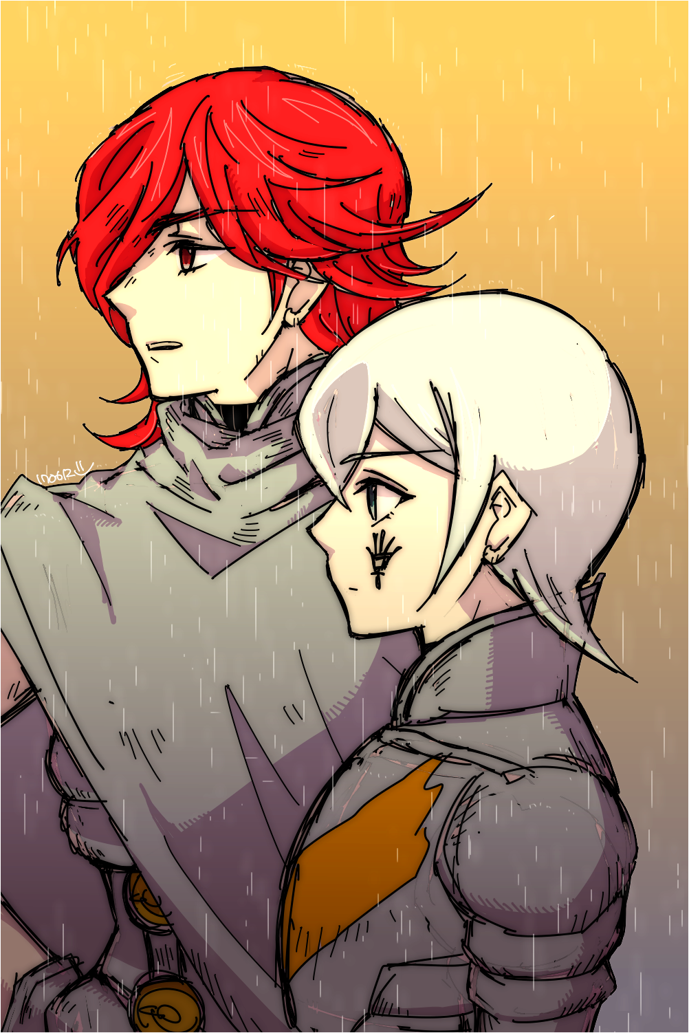 2boys digital_devil_saga grey_eyes grey_hair hair_over_one_eye heat_(dds) highres multiple_boys rain red_eyes red_hair serph shin_megami_tensei