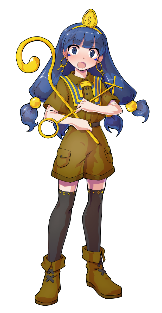1girl :o black_thighhighs blue_eyes blue_hair blunt_bangs blush boots brown_boots brown_shirt brown_shorts collared_shirt commentary_request dairi earrings facial_mark fold-over_boots full_body hair_bobbles hair_ornament highres holding holding_staff jewelry key_earrings large_variant_set long_hair looking_at_viewer michigami_nareko open_mouth shirt short_sleeves shorts solo staff standing tachi-e thighhighs touhou transparent_background triangle triangle_facial_mark variant_set