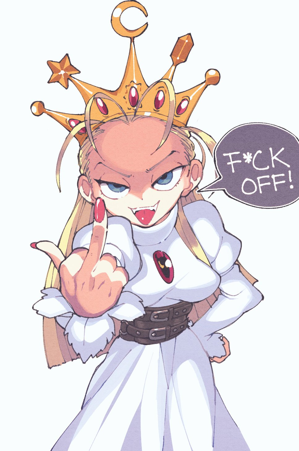 1girl belt belt_around_waist black_belt black_corset blonde_hair blue_eyes breasts censored_profanity chest_jewel corset cowboy_shot crescent crossover cyberbots devilot_de_deathsatan_ix dress english_text fangs fingernails forehead gem hair_pulled_back hair_slicked_back half-closed_eyes hand_on_own_hip hand_up highres inkerton-kun jeweled_crown juliet_sleeves long_dress long_fingernails long_hair long_sleeves looking_at_viewer middle_finger multiple_belts multiple_crossover nail_polish open_mouth partially_shaded_face puffy_sleeves red_gemstone red_nails smile solo speech_bubble tongue turtleneck turtleneck_dress v-shaped_eyebrows white_dress