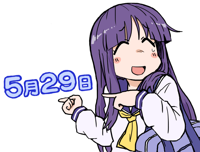 1girl :d ascot bag blush bseibutsu closed_eyes commentary dated hinata_yukari long_hair long_sleeves open_mouth pointing purple_bag purple_hair purple_sailor_collar sailor_collar school_bag school_uniform serafuku shirt simple_background smile solo upper_body white_background white_shirt yellow_ascot yuyushiki