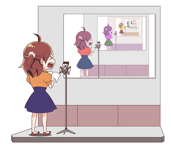 &gt;_&lt; 1girl :d &gt;_&lt; colorized dress dubbing_process closed_eyes higuchi_(trigger) microphone microphone_stand official_art open_mouth promotional_art recording recording_studio recursion screaming smile studio studio_microphone trigger_(company) xd