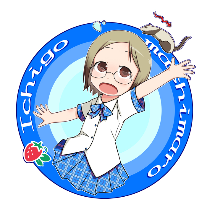 1girl arrow_(symbol) bow brown_eyes child commentary_request copyright_name ferret food fruit glasses ichigo_mashimaro john kurabayashi_aya looking_at_another looking_up multicolored_hair open_mouth outstretched_arm pleated_skirt sakuragi_matsuri school_uniform skirt strawberry two-tone_hair