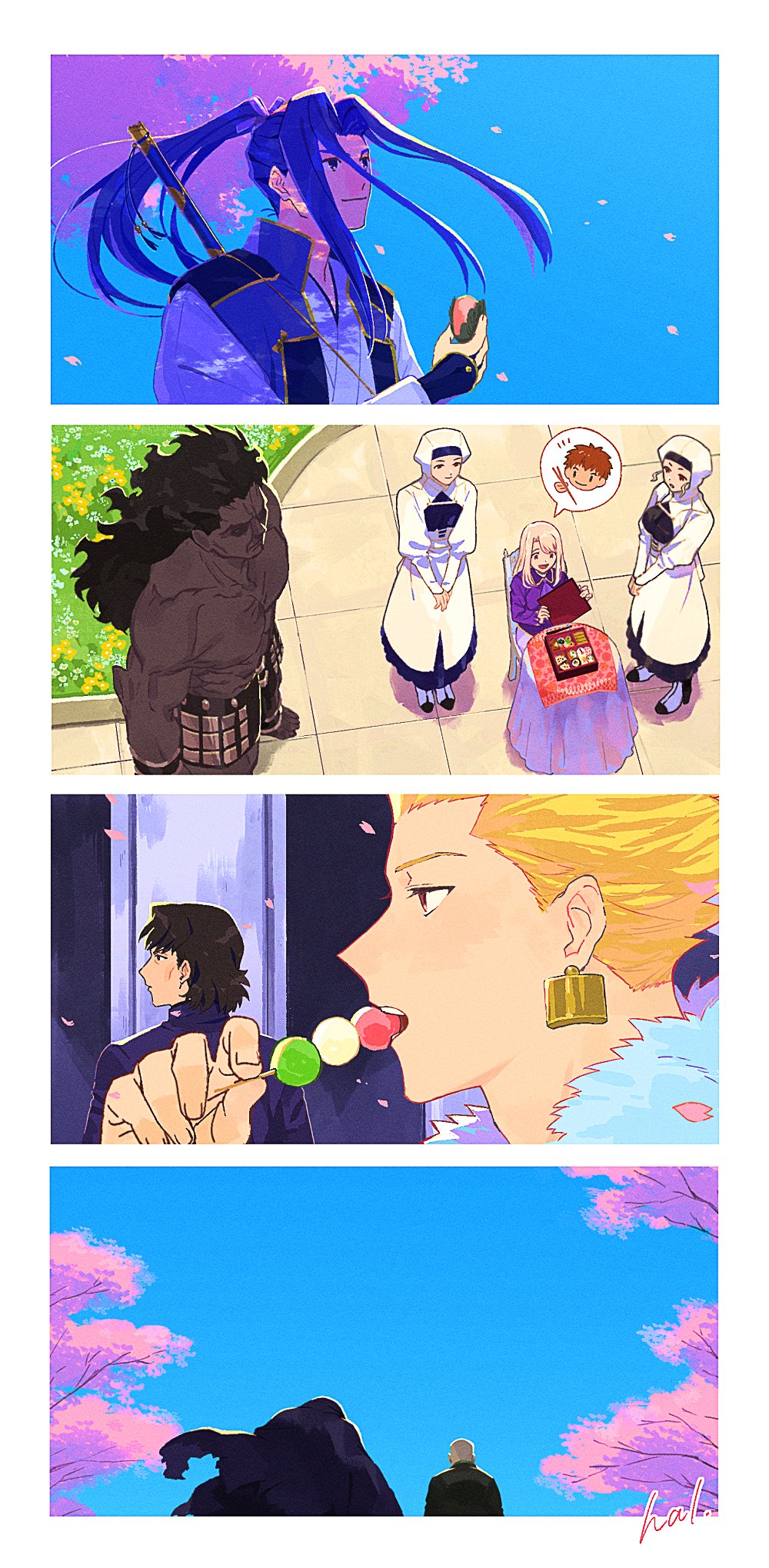 3girls 6+boys barefoot bento blonde_hair brown_hair character_request cherry_blossoms chopsticks closed_mouth dango dark_skin earrings emiya_shirou fate/stay_night fate_(series) fingernails food food_request gilgamesh_(fate) gold_earrings hal_(haaaalhal) heracles_(fate) highres holding holding_chopsticks holding_food holding_skewer illyasviel_von_einzbern jewelry kotomine_kirei leysritt_(fate) long_hair maid mochi multiple_boys multiple_girls outdoors petals ponytail puffy_sleeves purple_hair purple_shirt sakura_mochi sanshoku_dango sella_(fate) shirt short_hair skewer spring_(season) sushi topless_male wagashi weapon weapon_on_back white_headdress