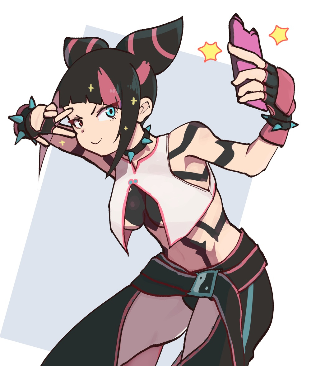 1girl aqua_eyes black_choker black_gloves black_hair breasts cellphone choker closed_mouth eyelashes fingerless_gloves gloves heterochromia holding holding_phone lineni multicolored_hair phone pink_eyes pink_hair selfie shirt sidelocks simple_background sleeveless sleeveless_shirt smile solo spiked_choker spikes streaked_hair street_fighter two-tone_hair underboob white_shirt yin_yang yin_yang_print