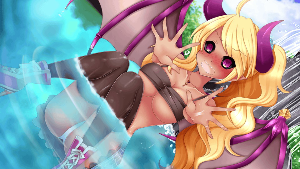 1girl @_@ artist_request bare_shoulders bat_wings black_sclera black_tank_top black_thighhighs blonde_hair blue_skirt blush bracelet breasts cleavage colored_sclera crop_top cross cross_necklace demon_girl demon_tail embarrassed fountain game_cg gyaru heart heart_necklace high_heel_sneakers high_heels high_tops horns jewelry large_breasts lethe_(monster_musume) long_hair looking_at_viewer midriff monster_musume_no_iru_nichijou monster_musume_no_iru_nichijou_online navel necklace official_art open_mouth outdoors panties partially_submerged pink_eyes pink_nails pink_shoes plaid_clothes plaid_skirt pleated_skirt ponytail scrunchie shoes sitting skirt sneakers solo swept_bangs tail tan tank_top thighhighs underboob underwear wardrobe_malfunction white_panties wings