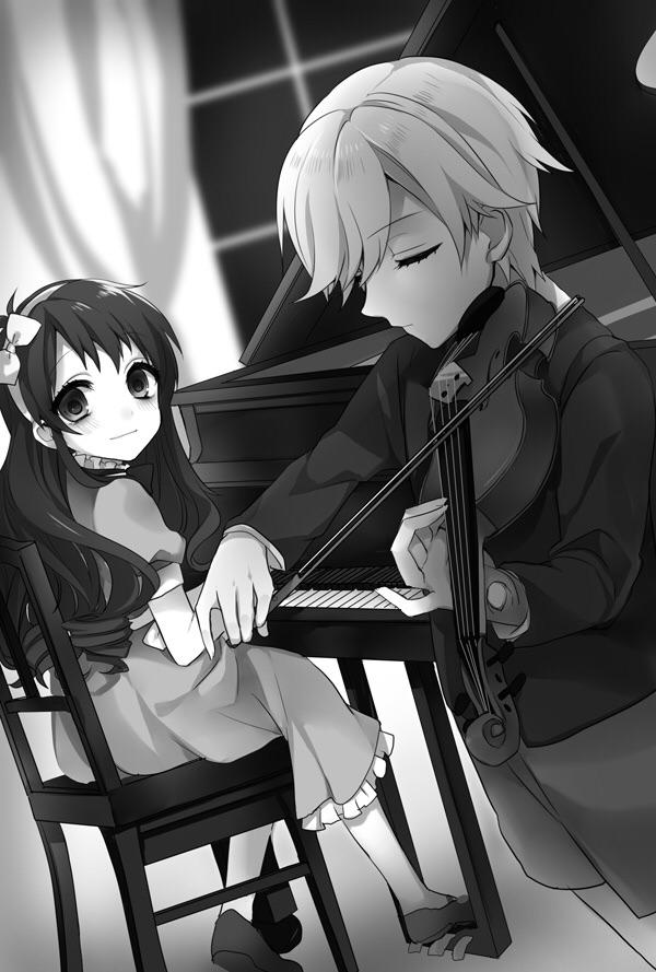 1boy 1girl artist_request blush chloe_ardenne chloe_no_requiem closed_eyes greyscale hairband instrument michel_d&#039;alembert monochrome piano sidelocks smile violin