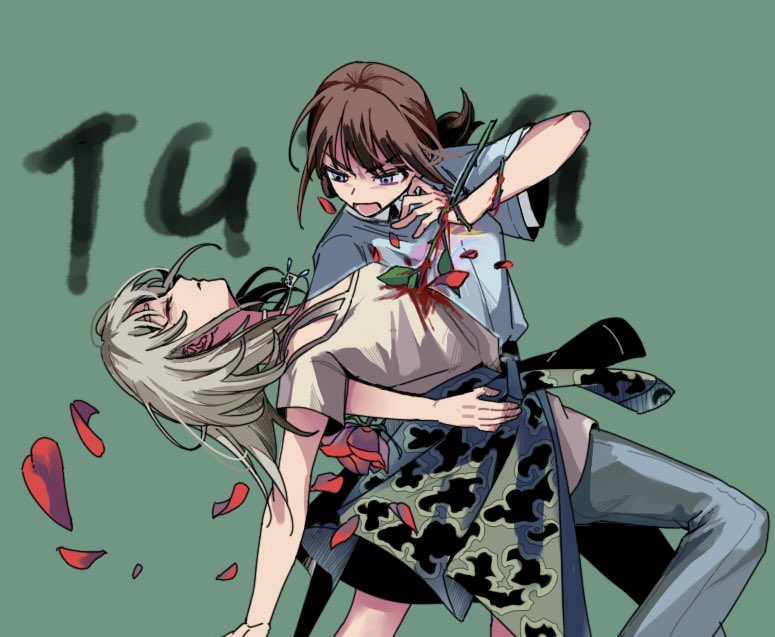 2girls blood blood_on_clothes blood_on_hands blue_eyes blue_pants blue_shirt blush brown_hair closed_eyes closed_mouth commentary denim flower girls_band_cry green_background grey_hair hashtag-only_commentary iseri_nina jeans kawaragi_momoka long_hair multiple_girls open_mouth pants petals plant_roots red_flower red_rose rose rose_petals sekai_wo_kakumei_suru_chikara_wo shirt shiyon_109 short_sleeves short_twintails shoujo_kakumei_utena simple_background thorns twintails
