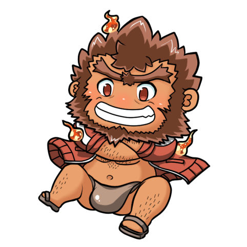 1boy :d bara beard blush brown_hair brown_male_swimwear brown_swim_briefs bulge chest_hair chibi crossed_arms facial_hair full_body jacket jinn_(housamo) kemonosuke_(kmskths) large_bulge lowres male_focus male_swimwear muscular muscular_male navel open_clothes open_jacket open_mouth short_hair smile solo swim_briefs swimsuit thick_eyebrows tokyo_houkago_summoners track_jacket unibrow