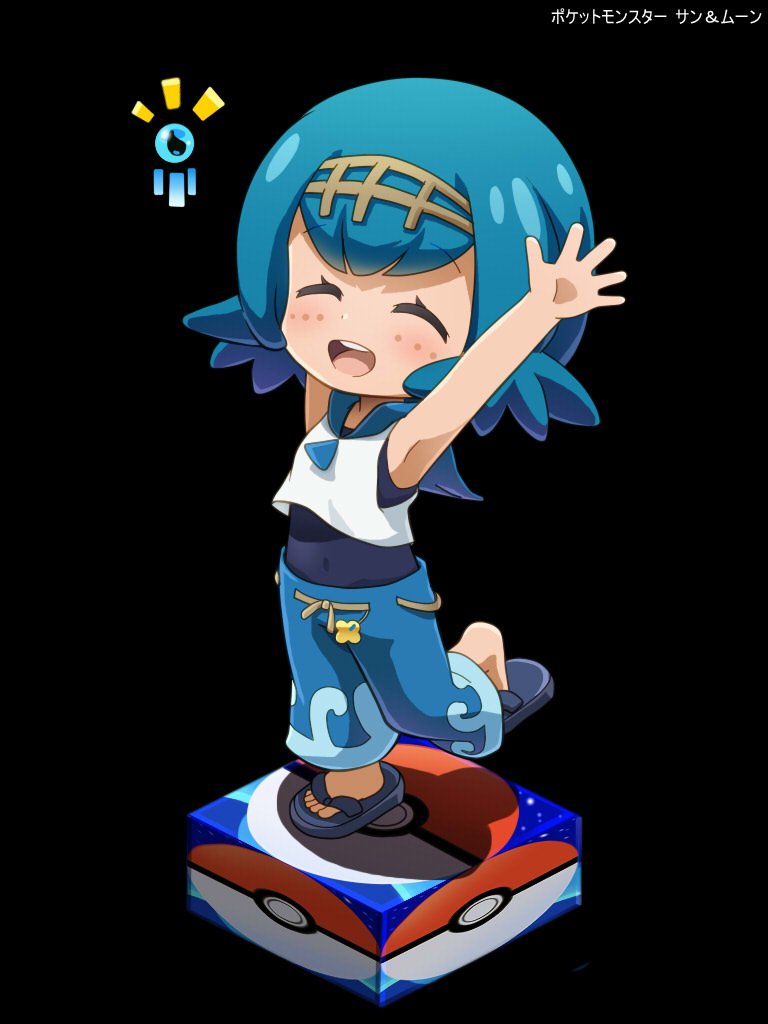 1girl :d arms_up awa blue_hair blue_pants chibi closed_eyes commentary_request freckles full_body hairband happy lana_(pokemon) leg_up nintendo open_mouth pants pokemon pokemon_sm sandals shirt sleeveless sleeveless_shirt smile solo swimsuit swimsuit_under_clothes teeth toes tongue translation_request upper_teeth_only wave_print white_shirt yellow_hairband