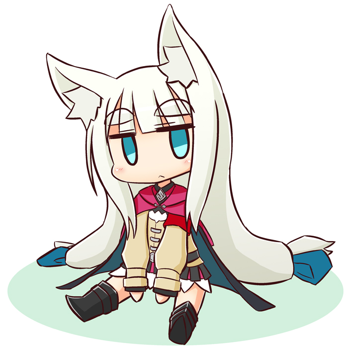 1girl 7th_dragon_(series) 7th_dragon_2020 :&lt; animal_ear_fluff animal_ears black_boots black_cape blue_bow blue_eyes blush boots bow brown_jacket cape chibi chitrine_(7th_dragon) closed_mouth colored_shadow commentary_request full_body grey_hair hair_bow jacket jitome knee_boots long_hair long_sleeves looking_at_viewer lucier_(7th_dragon) naga_u puffy_long_sleeves puffy_sleeves shadow simple_background sitting solo thick_eyebrows very_long_hair white_background