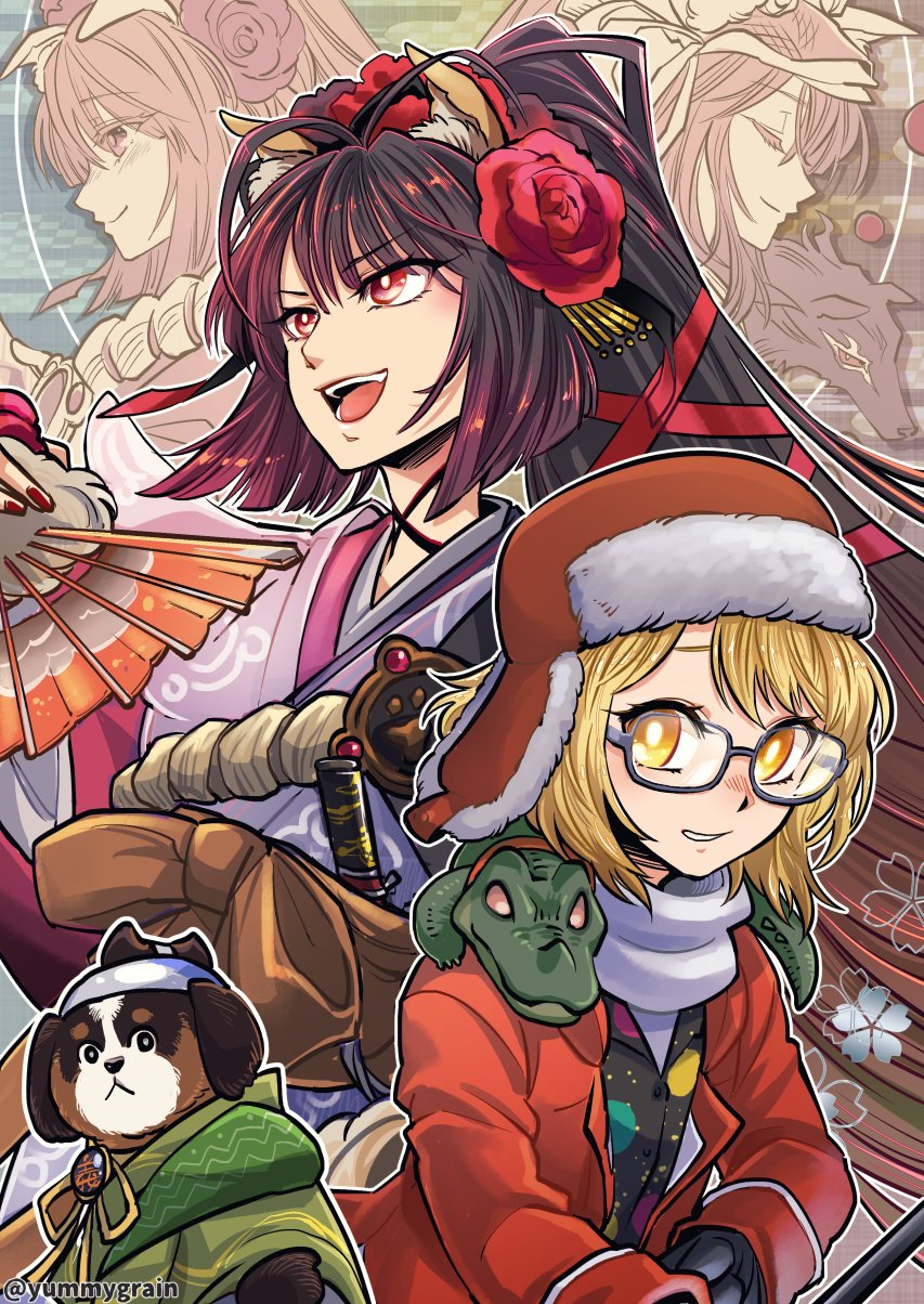 animal_ears blonde_hair brown_hair crocodile crocodilian dog dog_ears fate/grand_order fate_(series) flower fur_hat glasses hair_flower hair_ornament hand_fan hat highres jacket japanese_clothes kimono kyokutei_bakin_(fate) long_hair misuke_(gyouran) multiple_persona orange_jacket paul_bunyan_(fate) ponytail red_eyes red_nails super_bunyan_(fate) twitter_username ushanka yellow_eyes