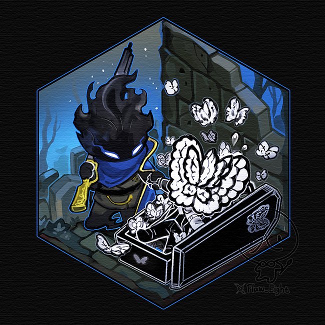 2boys animal_head black_fire black_gloves black_pants black_vest blue_cape bug butterfly cape chibi coffin der_freischuetz_(project_moon) extra_arms fire flaming_head flaw_eight funeral_of_the_dead_butterflies gloves gold_trim grave gun holding holding_hands holding_weapon insect lobotomy_corporation multiple_boys pants project_moon rifle rubble smoke vest weapon