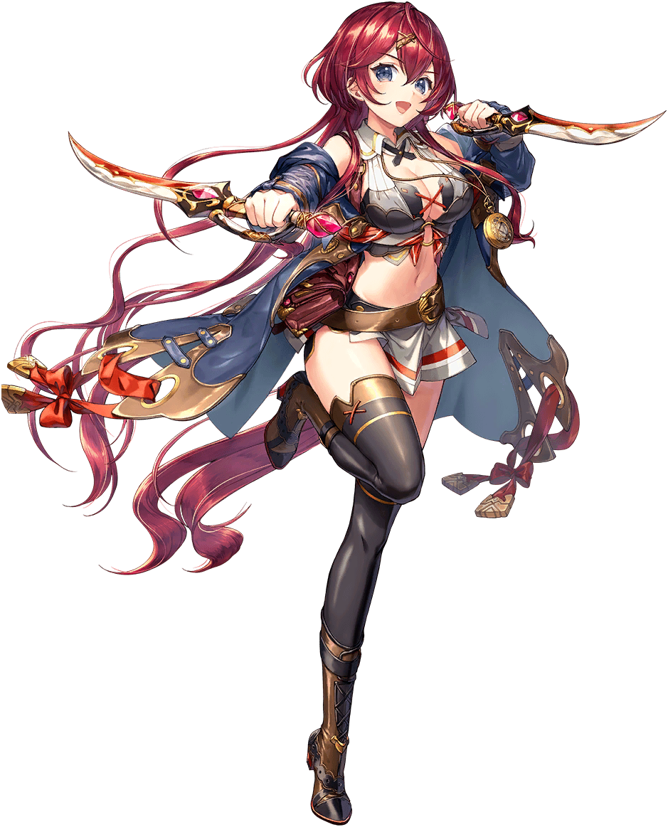 1girl artist_request bare_shoulders belt breasts casarina_(unitia) cleavage dagger dual_wielding full_body game_cg grey_eyes hair_ornament hairpin holding holding_dagger holding_knife holding_weapon knife long_hair navel official_art open_mouth red_hair reverse_grip solo source_request standing standing_on_one_leg transparent_background unitia weapon