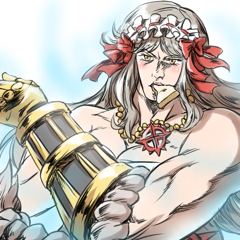 1girl araki_hirohiko_(style) black_gloves blush bow bread_slice breasts brown_hair cleavage commentary_request food food_in_mouth frilled_hairband frills gauntlets gloves hair_bow hairband jewelry jojo_no_kimyou_na_bouken jojo_pose long_hair looking_at_viewer man_face mouth_hold muscular muscular_female natsuya_(kuttuki) necklace parody ragnarok_online red_bow sarashi solo style_parody sura_(ragnarok_online) toast toast_in_mouth upper_body yellow_eyes