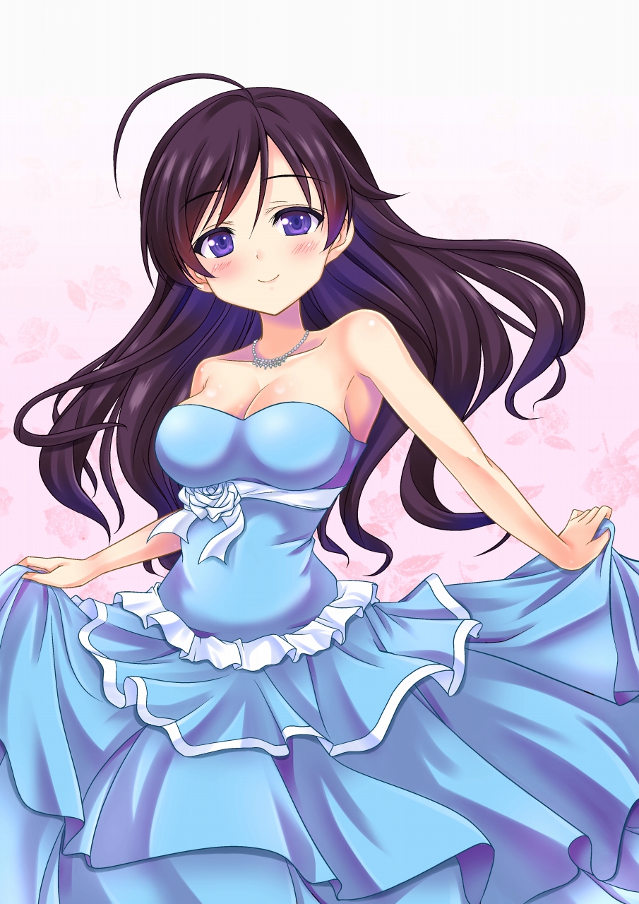 10s 1girl ahoge bare_arms bare_shoulders black_eyes black_hair blue_dress blush breasts cleavage closed_mouth clothes_lift collarbone dress dress_lift female_focus floral_background formal_clothes girls_und_panzer highres isuzu_hana jewelry large_breasts light_smile long_hair looking_at_viewer murasaki_atsushi neck necklace pink_background pleated_dress purple_eyes skirt_hold smile solo strapless strapless_dress upper_body