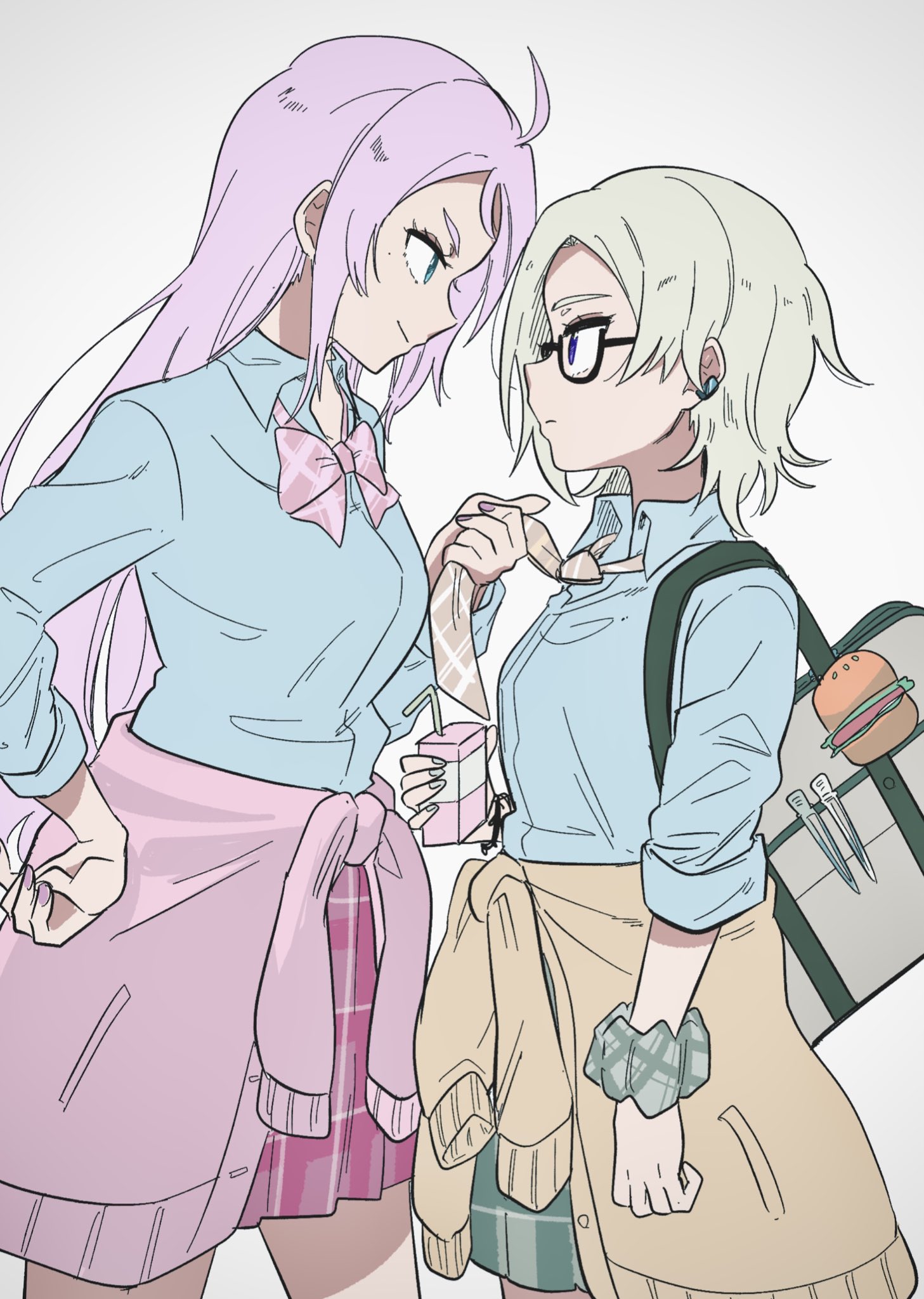 2girls ahoge alternate_neckwear bag blue_eyes blue_shirt bow bowtie brown_cardigan brown_necktie cardigan cardigan_around_waist closed_mouth clothes_around_waist clothes_grab collared_shirt commentary_request cowboy_shot dress_shirt eye_contact green_scrunchie grey_hair gyaru gyarugasaki hand_on_own_hip highres holding holding_juice_box juice_box kinasuzu55 kogal long_hair long_sleeves looking_at_another loose_bowtie loose_necktie love_live! love_live!_nijigasaki_high_school_idol_club mia_taylor miniskirt multiple_girls necktie neckwear_grab official_alternate_costume pink_bow pink_bowtie pink_cardigan pink_hair plaid_bow plaid_bowtie plaid_clothes plaid_necktie plaid_scrunchie plaid_skirt profile purple_eyes school_bag school_uniform scrunchie shirt short_hair sidelocks simple_background skirt sleeves_rolled_up smile standing v-shaped_eyebrows white_background wrist_scrunchie zhong_lanzhu