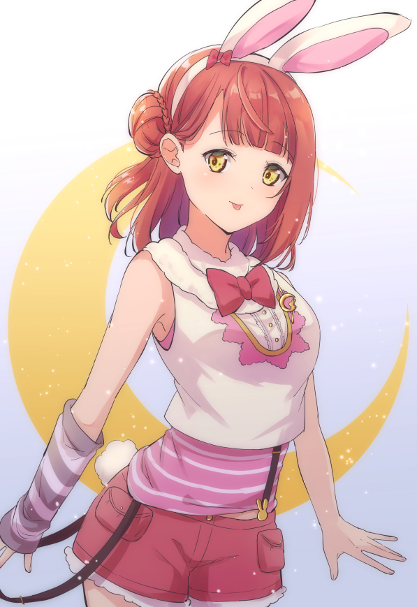 1girl :p animal_ears animal_print arm_warmers artist_name artist_request bare_shoulders blush bow bowtie braid braided_bun breasts buttons cowboy_shot crescent_moon crescent_moon_symbol crescent_print cropped_vest detached_sleeves exciting_animal_(love_live!) fake_animal_ears female_focus fur-trimmed_shorts fur_trim green_eyes hair_bow hair_bun hairband hood hooded_vest hoodie looking_at_viewer love_live! love_live!_nijigasaki_high_school_idol_club love_live!_school_idol_festival love_live!_school_idol_festival_all_stars moon orange_hair pants parted_lips pink_bow pink_shirt rabbit_ears rabbit_print rabbit_tail red_bow red_hair red_shorts shirt short_hair short_pants short_shorts shorts side_bun single_detached_sleeve single_side_bun sleeveless sleeveless_hoodie small_breasts smile solo striped_clothes striped_shirt suspender_shorts suspenders tail tongue tongue_out uehara_ayumu vest white_hairband white_hoodie white_vest yellow_eyes