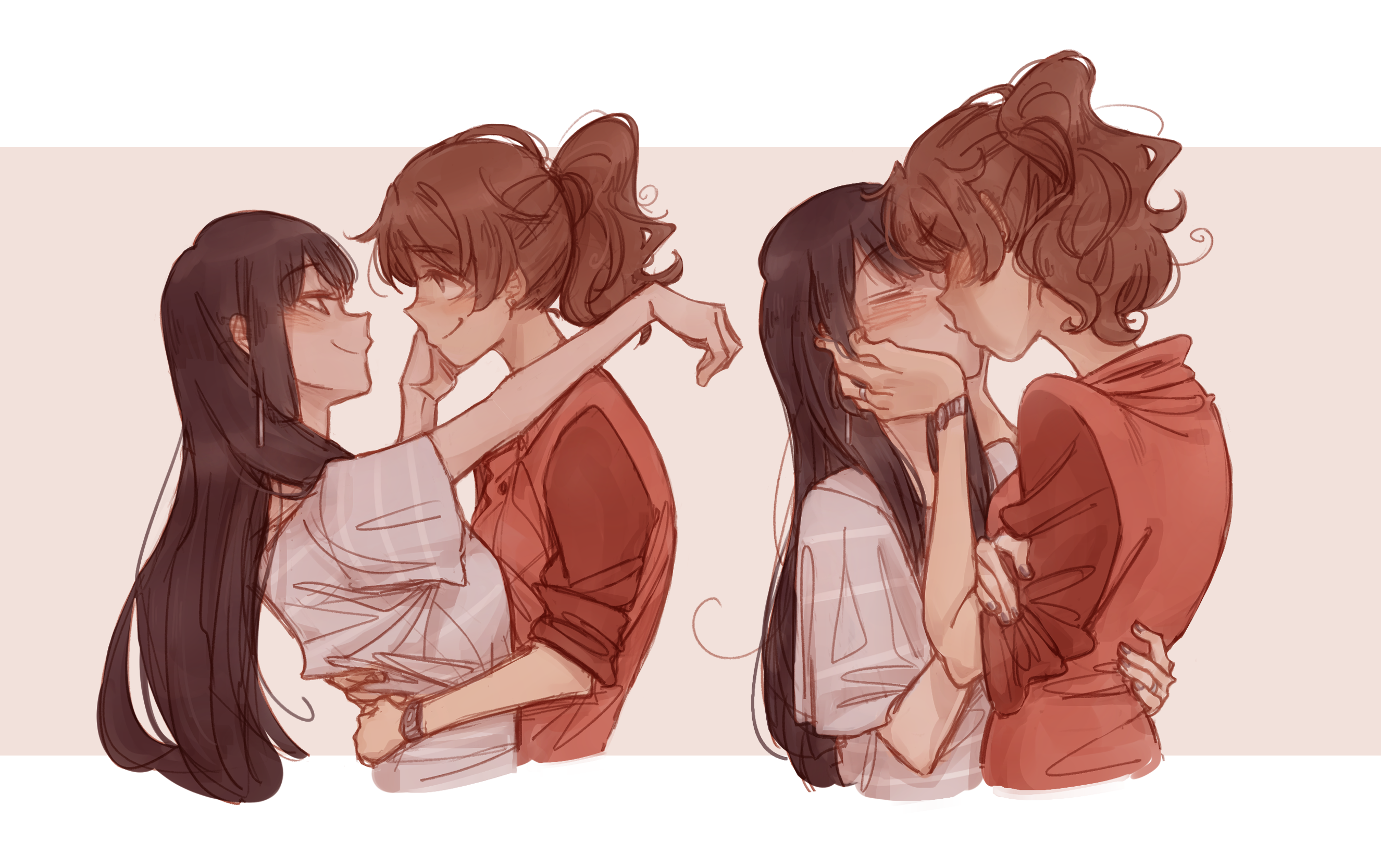 2girls black_hair blush brown_hair cropped_torso eye_contact grey_shirt gutalalaman hand_on_another's_back hand_on_another's_face hibike!_euphonium highres hug jewelry kiss kousaka_reina long_hair looking_at_another medium_hair multiple_girls oumae_kumiko ponytail red_shirt ring shirt short_sleeves smile striped_clothes striped_shirt watch wavy_hair wristwatch yuri