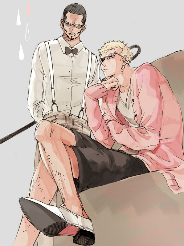 2boys arms_behind_back black_bow black_bowtie black_hair black_shorts blonde_hair bow bowtie cane crossed_legs donquixote_doflamingo earrings facial_hair goatee holding holding_cane jewelry leg_hair luzy multiple_boys mustache one_piece pink_shirt shirt short_hair shorts sitting standing sunglasses suspenders third-party_source vergo_(one_piece) water_drop white_shirt