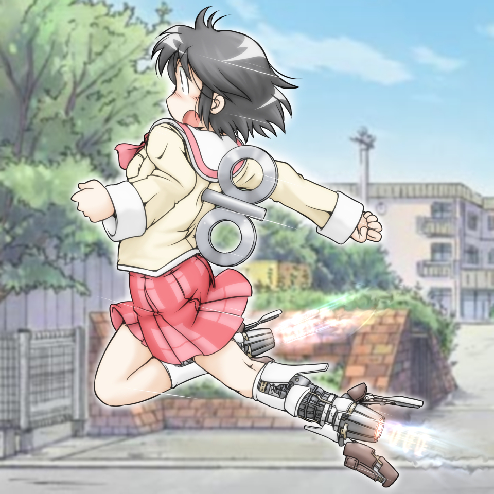 009_re:cyborg 1girl android black_eyes black_hair blurry brick_wall building bush crossover cyborg_009 depth_of_field female_focus fence flying gaketsu mechanical_foot nichijou parody road school school_uniform shinonome_nano short_hair solo street thrusters tokisadame_school_uniform tree winding_key