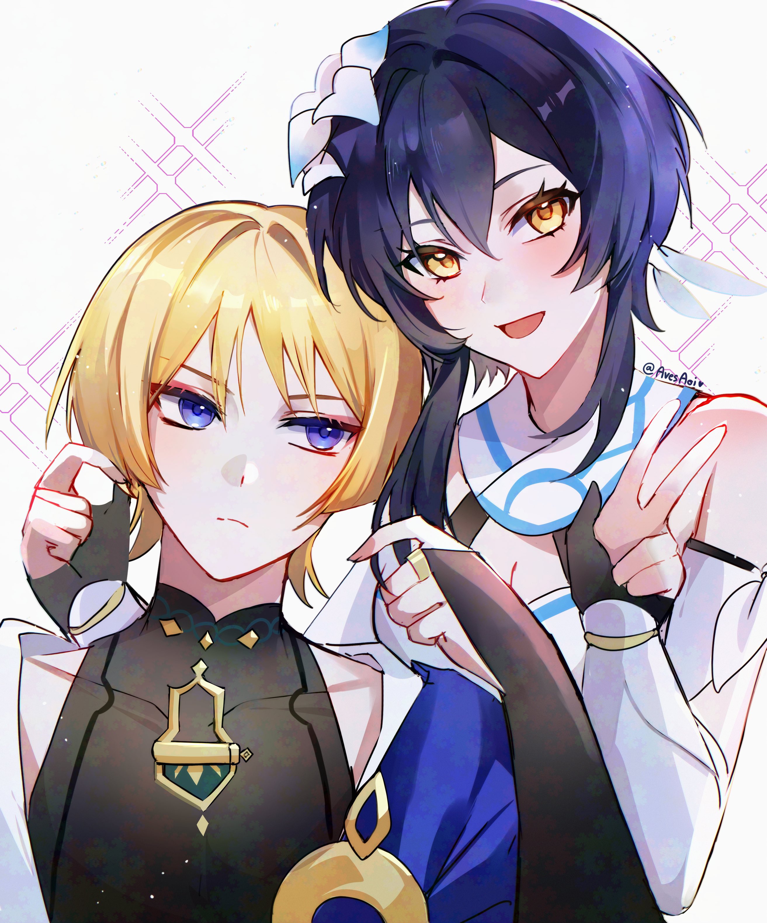 1boy 1girl absurdres alternate_hair_color arm_around_shoulder arm_cutout avesaoi bare_shoulders black_bodysuit black_bridal_gauntlets black_gloves blonde_hair blue_cape blue_flower blue_trim blunt_ends blush bodysuit breasts bridal_gauntlets cape cleavage closed_mouth covered_collarbone detached_sleeves diffraction_spikes dress eyeliner eyeshadow feather_hair_ornament feathers fingernails flower genshin_impact gloves gold gold_ring gradient_flower hair_between_eyes hair_color_switch hair_flower hair_intakes hair_ornament halterneck hands_up heavy_lens_flare highres japanese_clothes kimono lens_flare looking_at_another looking_at_viewer lumine_(genshin_impact) makeup mandarin_collar middle_ring multicolored_flower non-circular_lens_flare open_clothes open_kimono open_mouth partially_fingerless_gloves purple_eyes purple_hair red_eyeliner red_eyeshadow scaramouche_(genshin_impact) scarf short_hair short_hair_with_long_locks shoulder_peek sidelocks tsurime twitter_username v vambraces wanderer_(genshin_impact) white_background white_dress white_feathers white_flower white_kimono white_scarf wispy_bangs yellow_eyes
