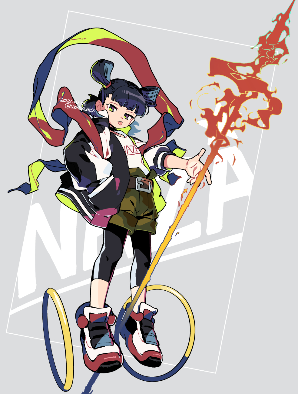 1boy belt black_pantyhose camouflage camouflage_shorts character_name dated double_bun fire floating full_body hair_bun hand_in_pocket highres hoop jacket pantyhose_under_shorts nezha_(the_legend_of_luoxiaohei) pantyhose polearm shoes shorts solo spear luo_xiaohei_zhanji tongue tongue_out twitter_username vox weapon